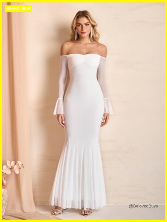 Off Shoulder Bodycon Maxi Dress Sheer Long Sleeve Mermaid Formal Wedding Guest - Picture 3 of 7